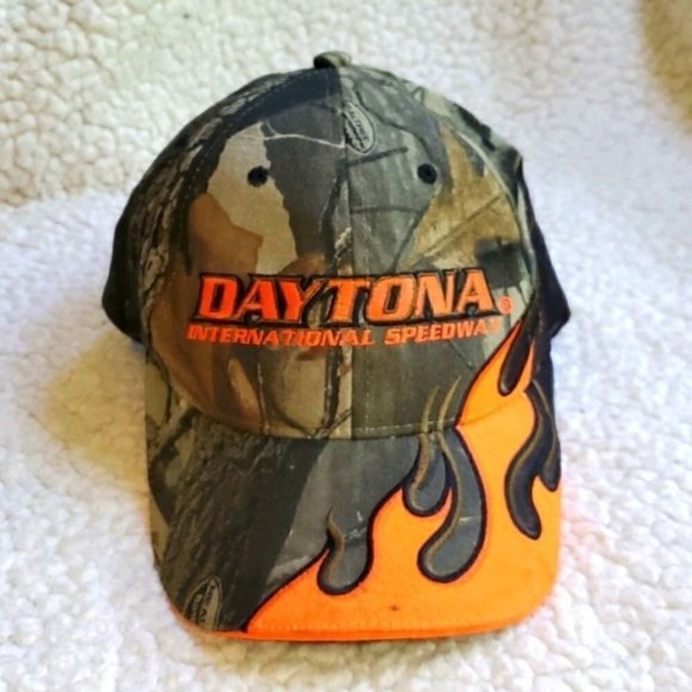 Daytona International Speedway Camo Flame Hat NASCAR Racing Cap Adjustable Orang